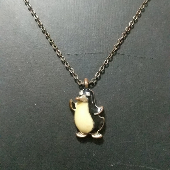 Gold Tone Penguin with Rhinestone Eyes Pendant Statement Necklace - Picture 1 of 2